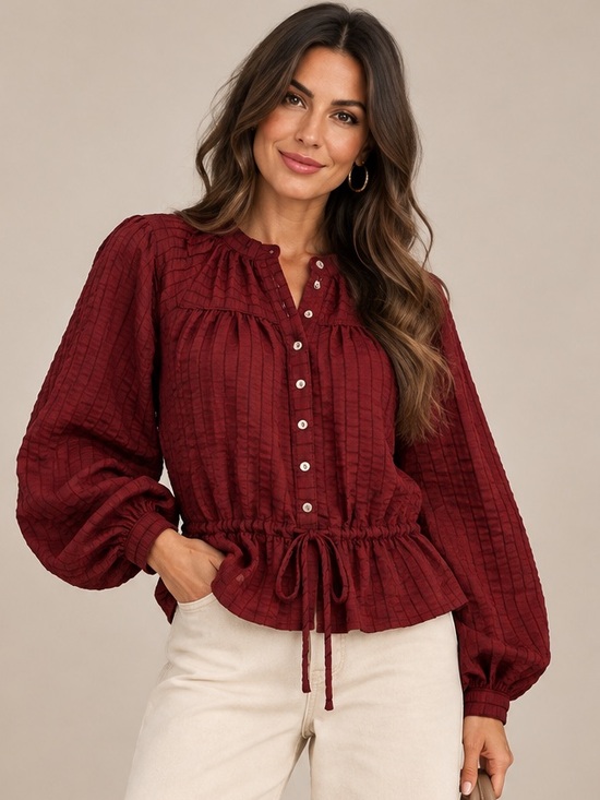 Gigio Tops - GIGIO Wine Textured Drawstring Peplum Blouse